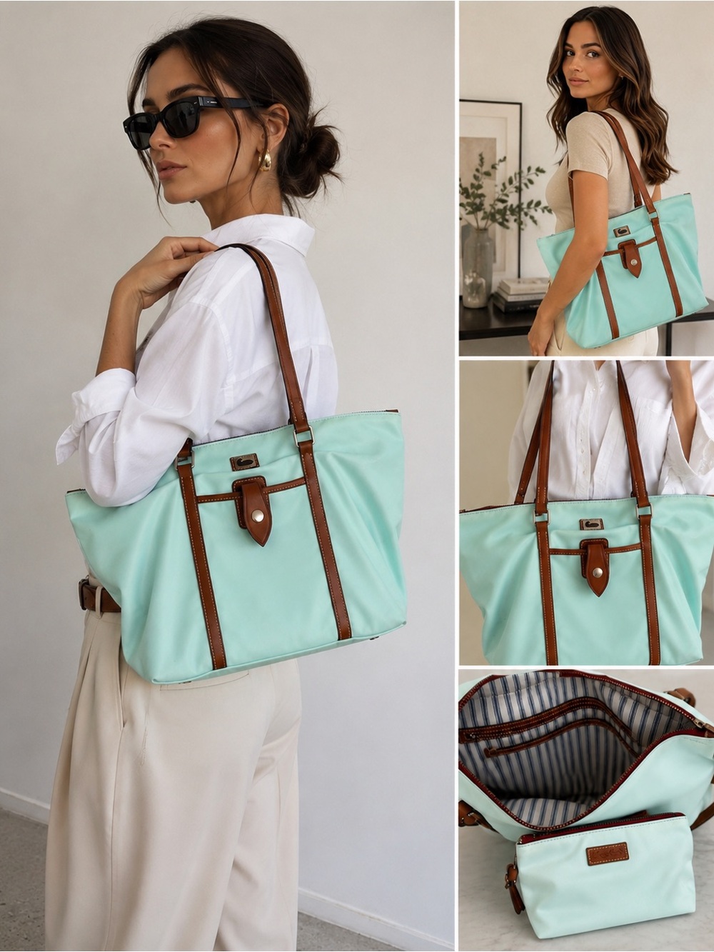 Dooney & Bourke Aqua Blue Nylon Shopper Tote Bag Brown Leather Trim + Zip Pouch